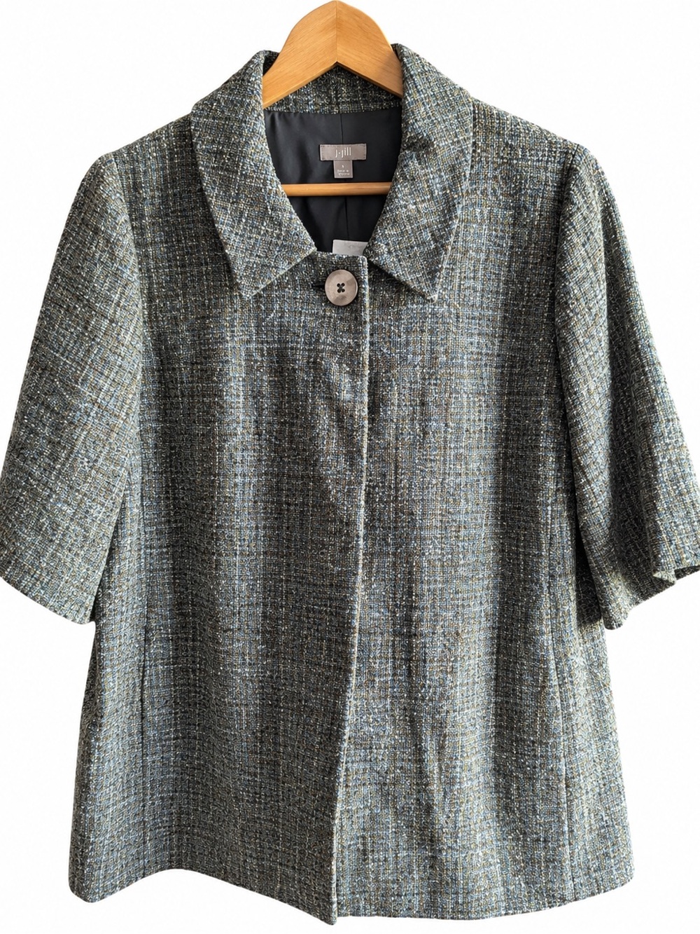 NWT J.Jill Women’s Short Sleeve Tweed Swing Coat Brown Wool Blend Quiet Luxury S